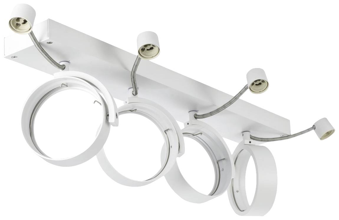 White, modern ceiling light with five round, adjustable LED spotlights on a rectangular mounting bracket, designed for uniform room illumination.