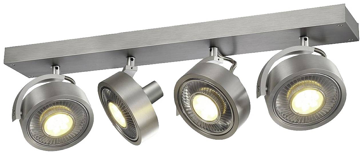 Metallic ceiling light with four adjustable LED spotlights mounted in a row.