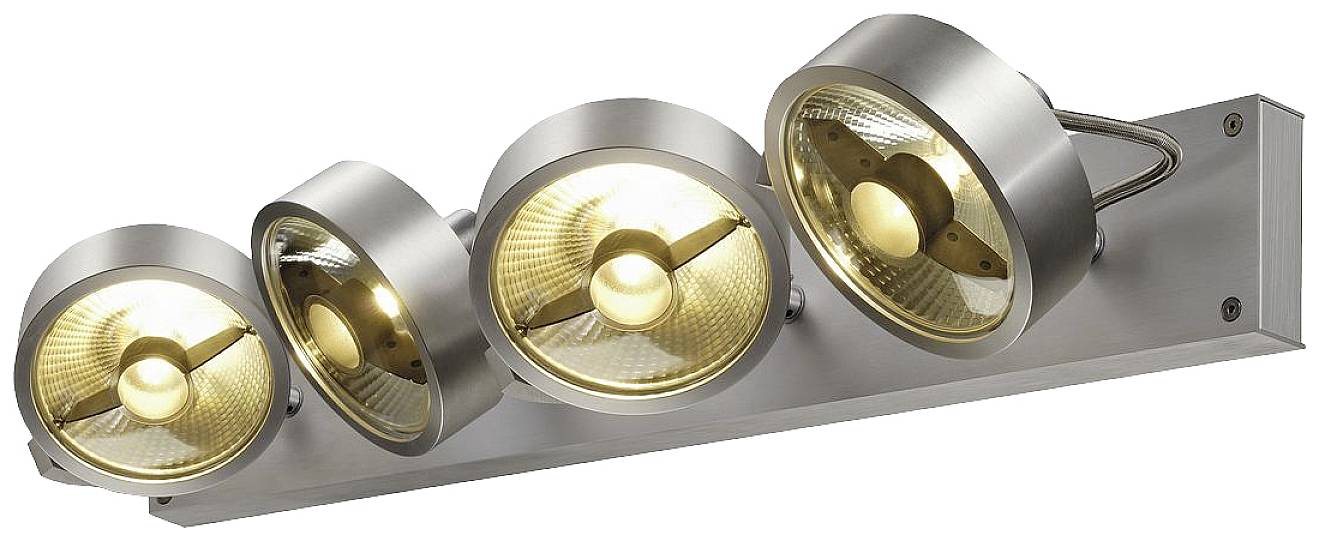 Four adjustable ceiling spotlights in a chrome-coloured housing, emitting warm white light and offering flexible lighting solutions.