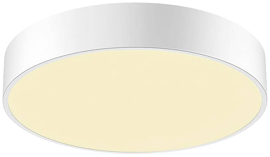 Round, flat ceiling light with a white frame and a warm illuminated surface, providing indirect lighting.