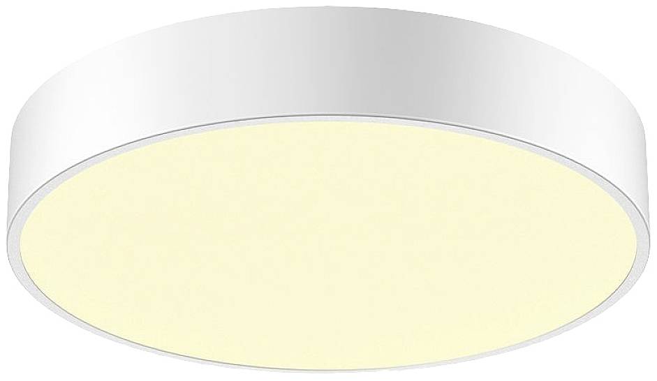 Round, modern ceiling light in white with warm white light. Ideal for spaces requiring uniform and stylish illumination.