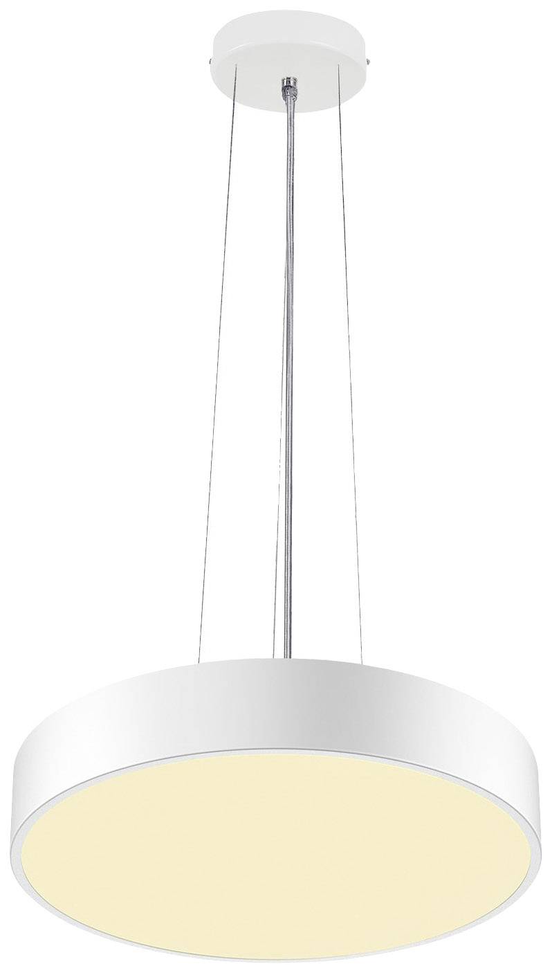 Round, hanging ceiling light with a white shade and warm white light, suspended by three thin cables. Suitable for modern interiors.