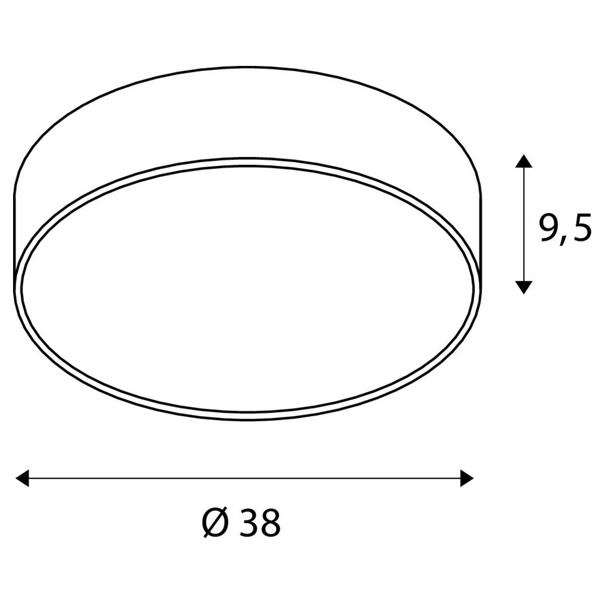 The graphic depicts a cylindrical ceiling light with a diameter of 38 cm and a height of 9.5 cm.