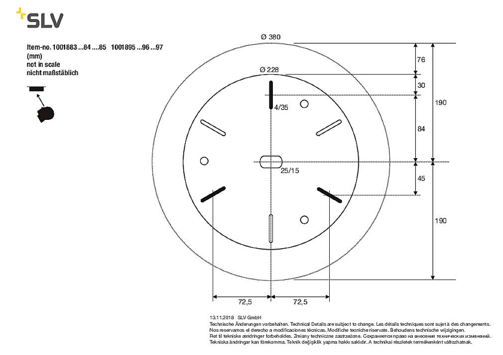 Technical drawing of a round base with dimensions in millimetres. Contains details of hole sizes and spacing. Not to scale.