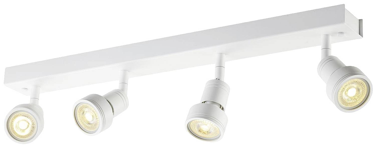A white LED ceiling track with four adjustable spotlights that emit warm light. Ideal for illuminating interior spaces.