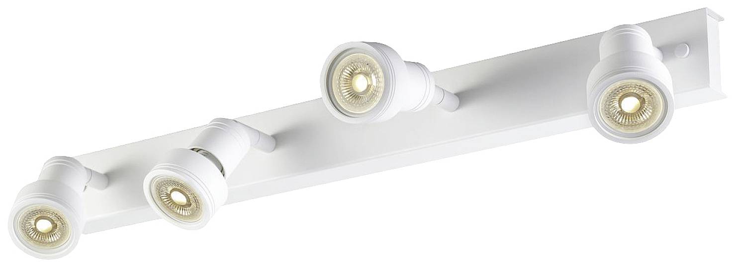 White ceiling light with four adjustable spots that provide warm light. Suitable for illuminating large rooms or specific areas.