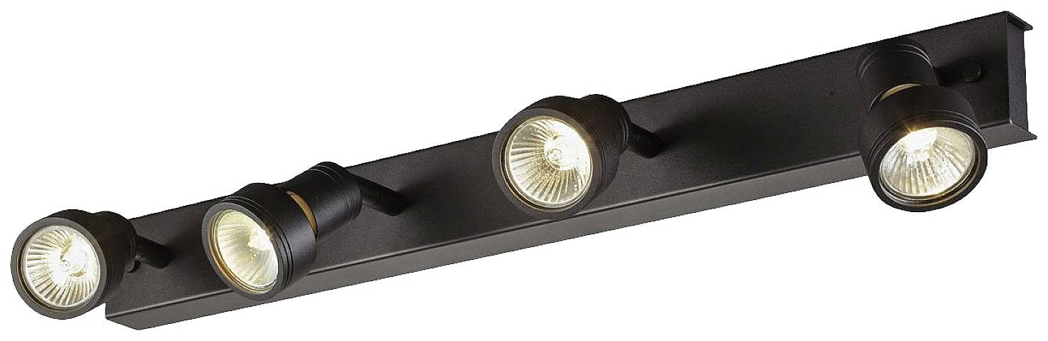 Four black ceiling spotlights with adjustable heads, emitting warm light, mounted on a rectangular bracket.