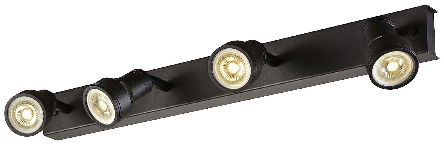 Black ceiling light with four adjustable, round spotlights. Suitable for targeted interior lighting.