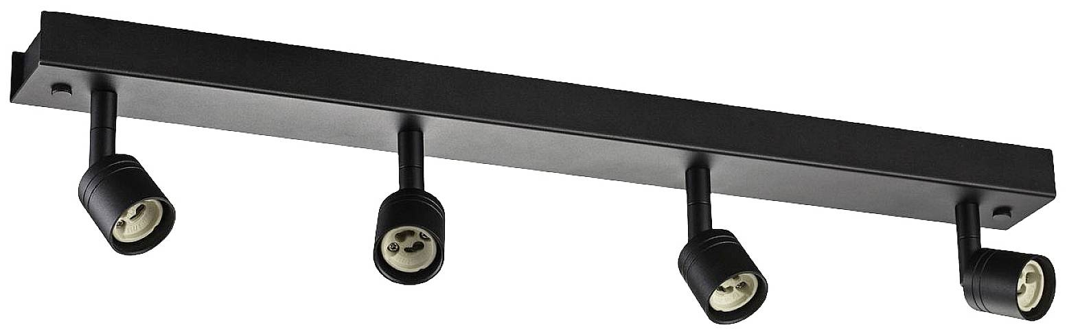 Four-armed black ceiling spotlight with adjustable lamp holders. Ideal for illuminating rooms and specific areas.