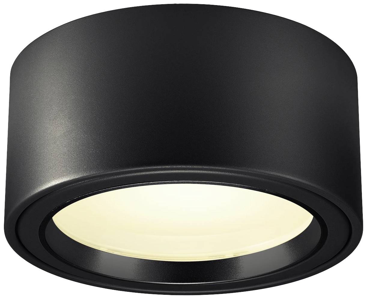 Black ceiling light with a round, flat design and white light source, which radiates even light downwards.