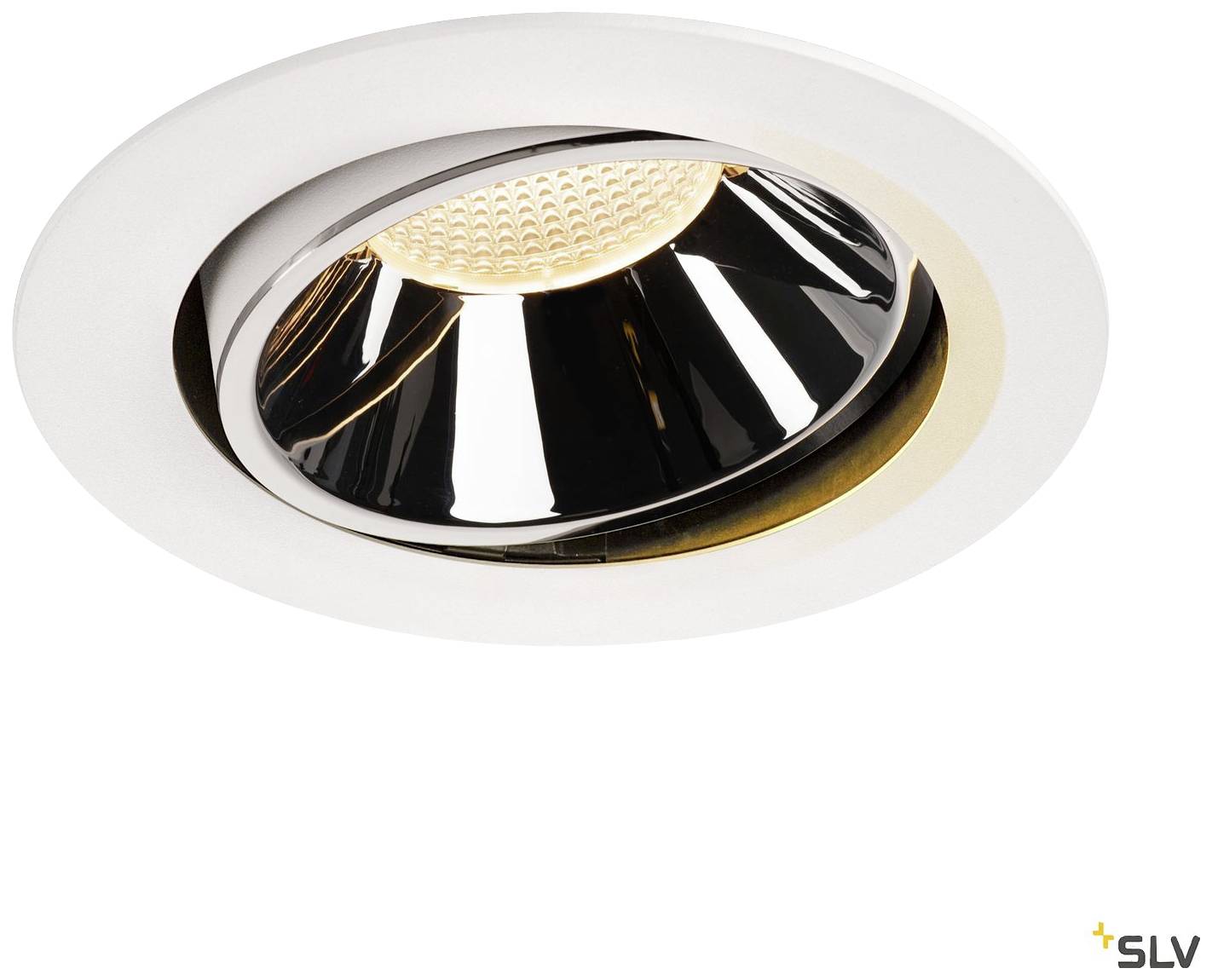 A round, white ceiling light with a mirrored interior and LED light source. Suitable for a modern room design.
