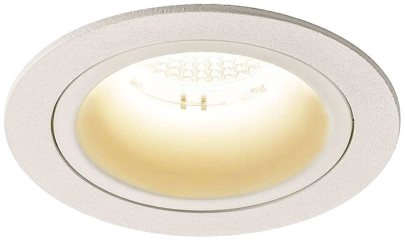 A round, white recessed light that emits warm light, suitable for modern interiors.