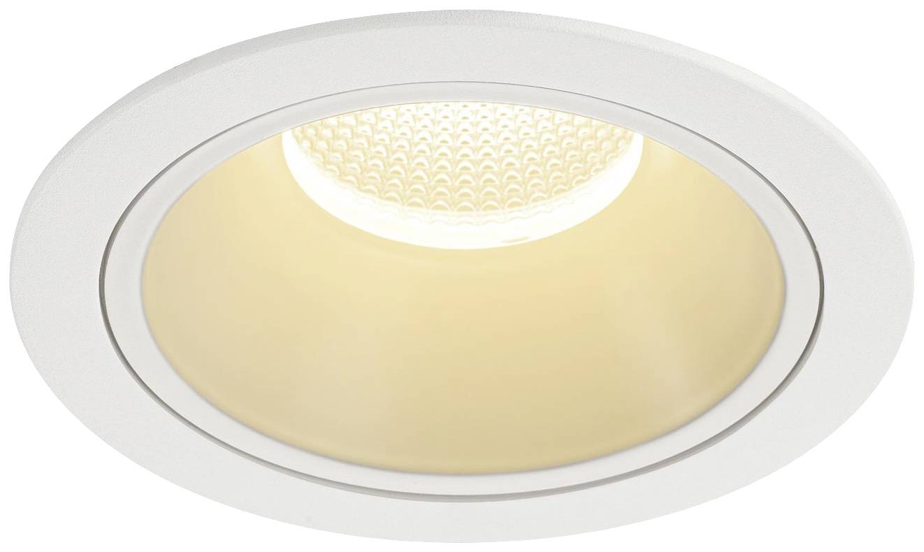 Recessed downlight with a round, white frame and illuminating LED lamp, suitable for ceiling mounting and providing even light distribution.