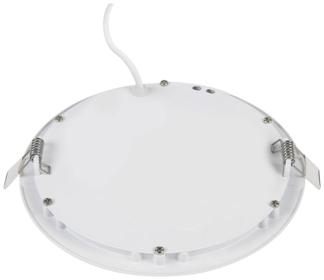 Round, white LED ceiling light with two metal mounting brackets and cable connection.