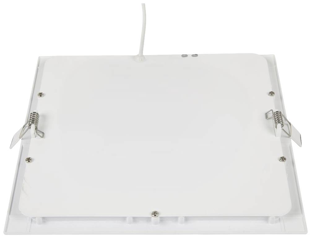 White square ceiling light with three mounting clips and cable connection at the top, pointing downwards. Used for room illumination.