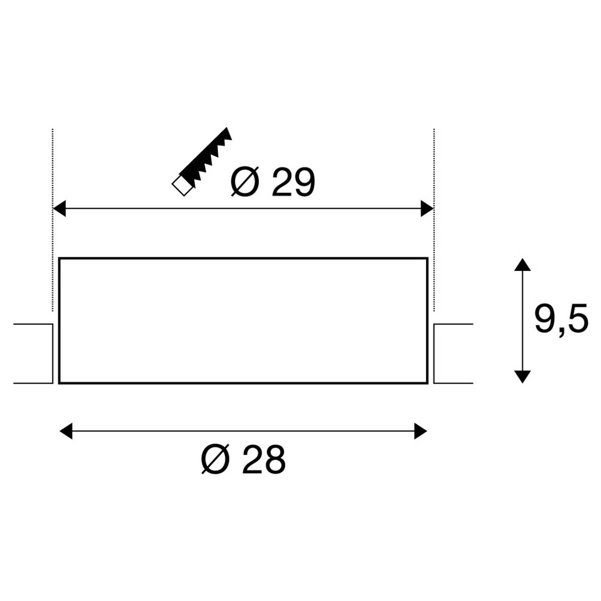 Technical drawing of a cylinder with a height of 9.5 mm, an outer diameter of 29 mm, and an inner diameter of 28 mm.