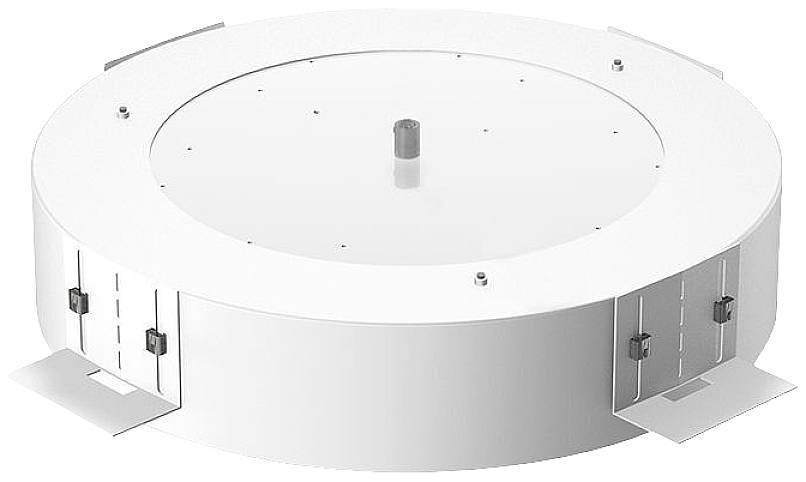A round, white mounting device with metallic brackets and a central raised point. Usable in technical applications.