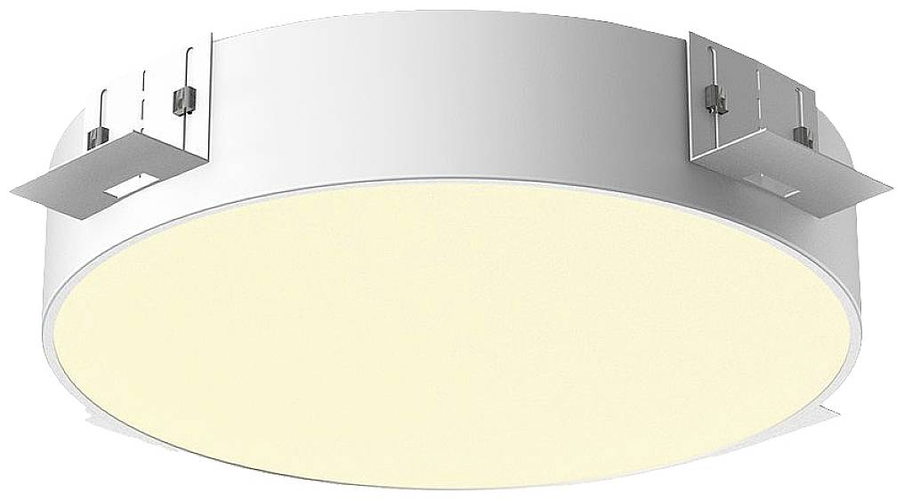 Round, white LED ceiling light with simple design, suitable for modern interiors.