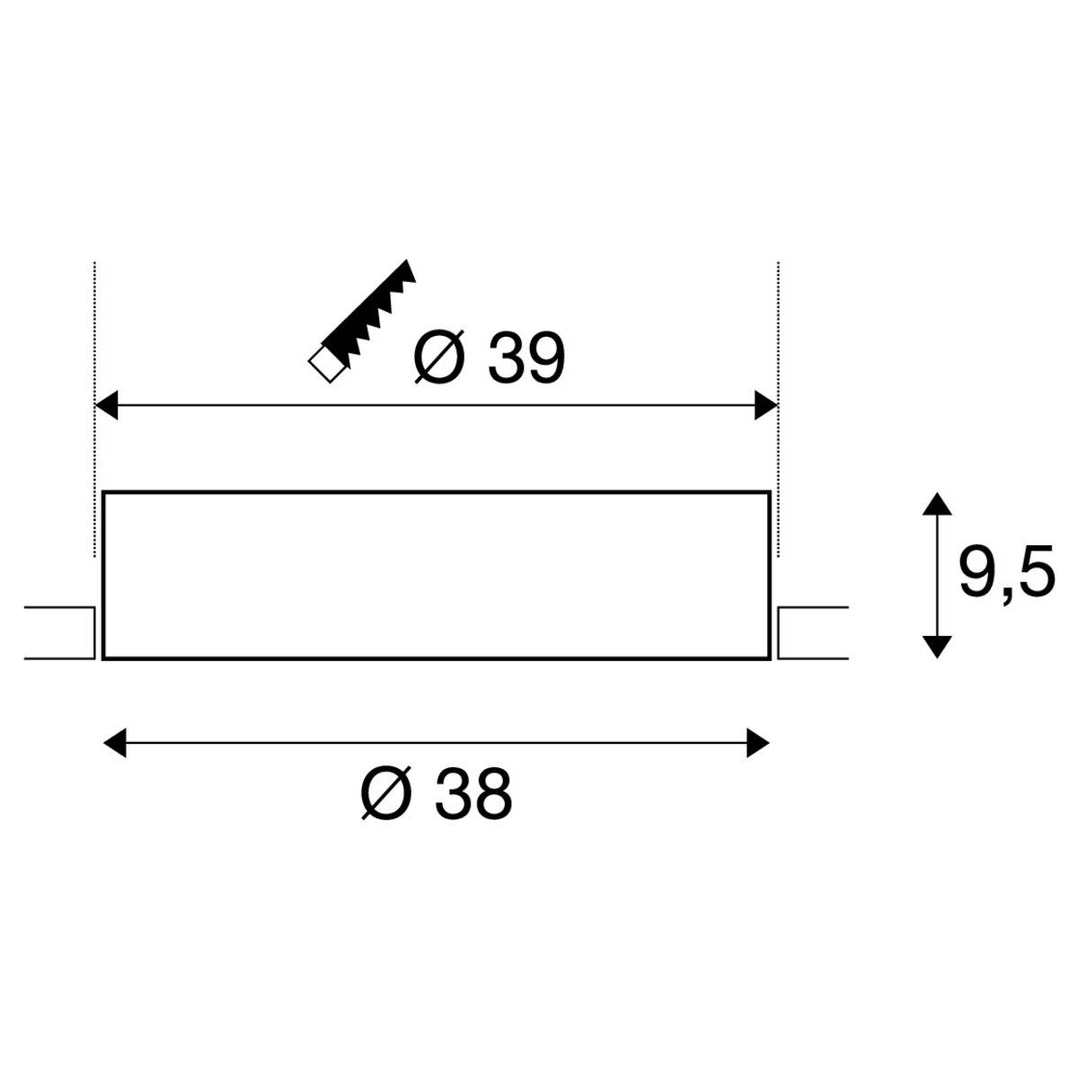 Technical drawing of a rectangular object: Width 38, Height 9.5, Arrow and saw symbol at the top, Diameter specifications Ø38 and Ø39.