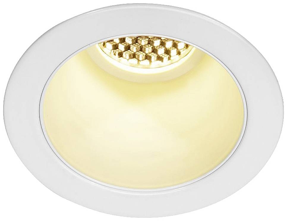 A white, round recessed light with an LED light source, emitting warm white light. Suitable for ceiling mounting in interior spaces.