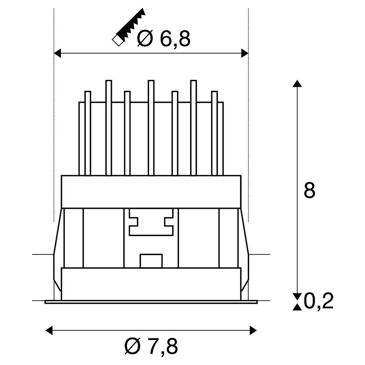 Technical drawing of a round component with cooling fins. Diameter at top: 6.8 mm, bottom: 7.8 mm. Height: 8 mm.