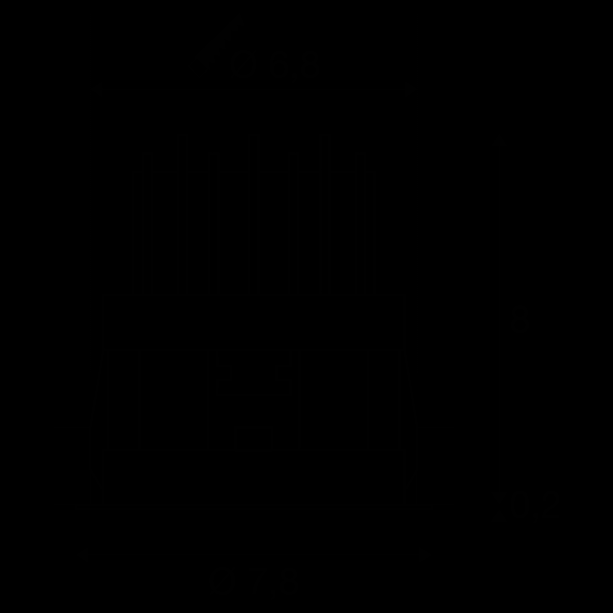 'Technical drawing of a component: cylindrical shape with Ø7.8 cm, height 8 cm. A gear wheel on top, Ø6.8 cm. Small extension at the bottom, Ø0.2 cm.'