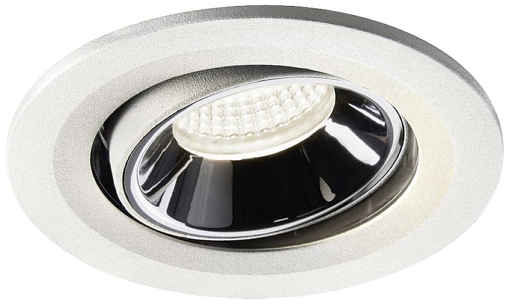 Recessed light with a pivoting LED spotlight in a round, white housing, installed in a ceiling for directional lighting.