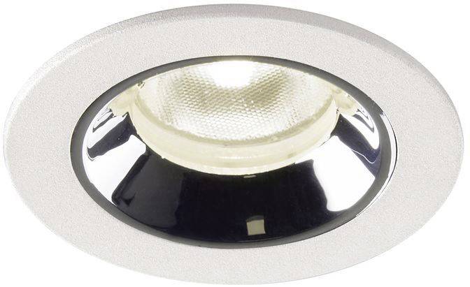 Round recessed ceiling light with a silver bezel and a central, illuminated glass surface. Ideal for contemporary interiors.