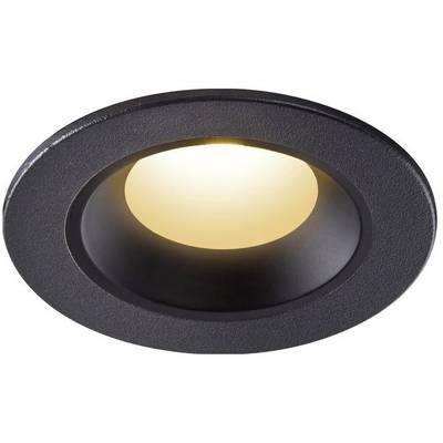 A round, black LED recessed light with warm white illumination, shown in ceiling mounting.