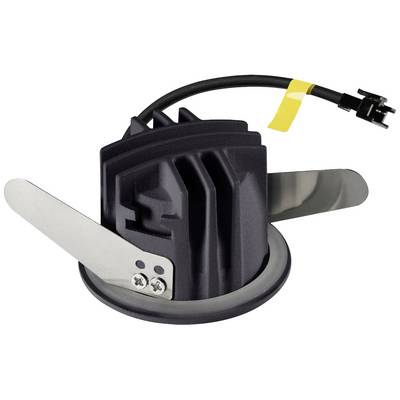 A black mechanical component with two silver wings and a cable with a yellow label.
