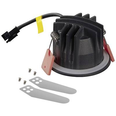 A black LED ceiling recessed light with heat sinks, mounting clips, two fixing screws, and cable connection.