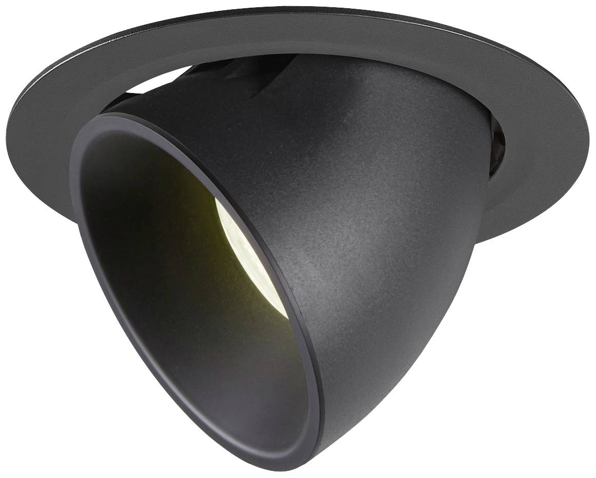 Black recessed spotlight with a round frame and adjustable light beam, offering a modern interior lighting solution.