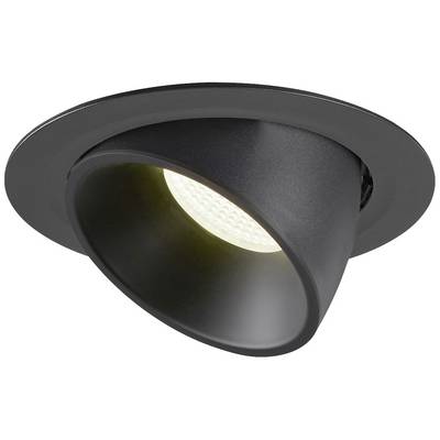 Black LED recessed spotlight with pivoting lens, shines brightly. Suitable for modern interior lighting.