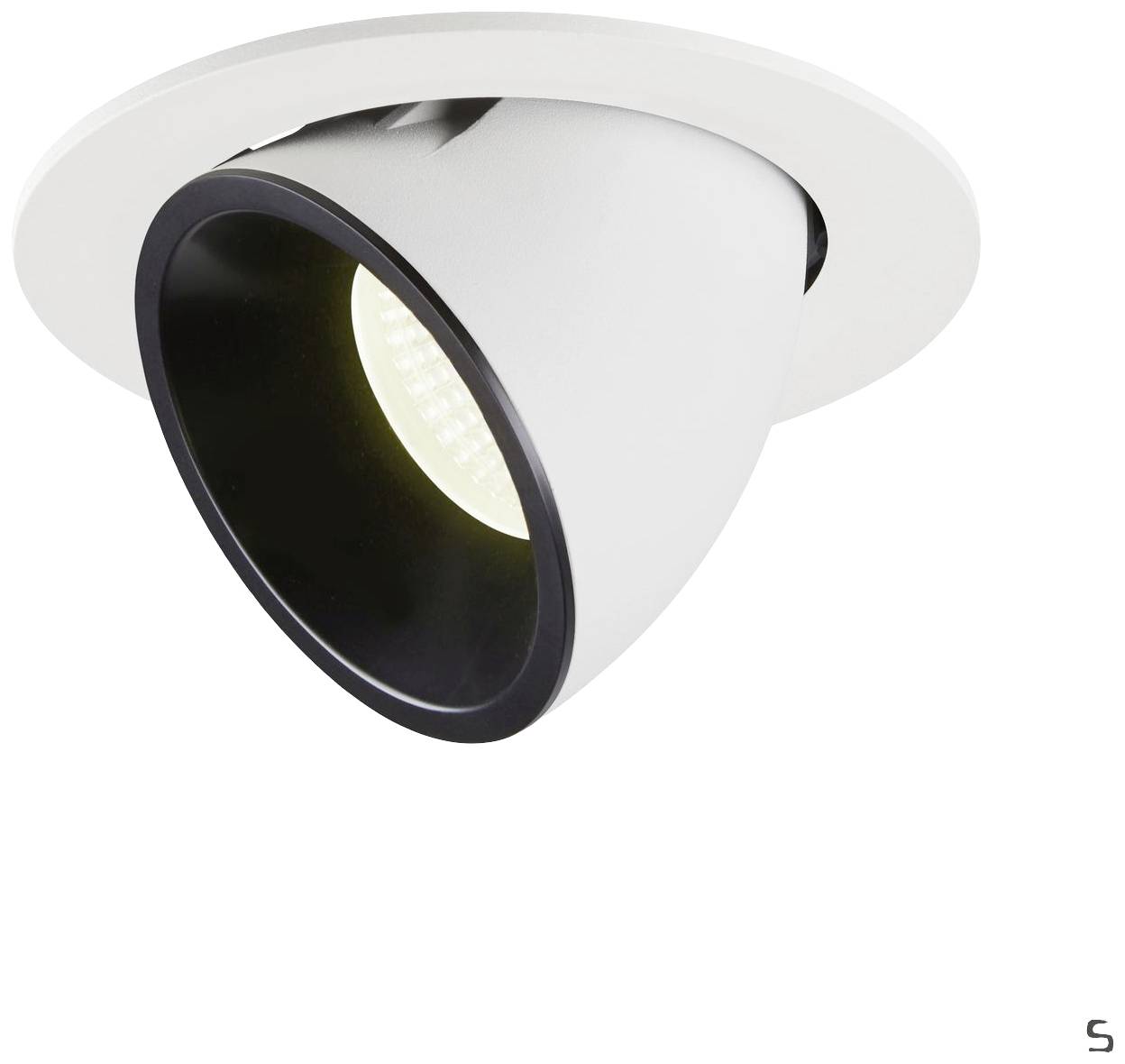 Recessed light fitting with a pivoting, circular frame and LED lamp, emitting bright light. Suitable for modern interior lighting.