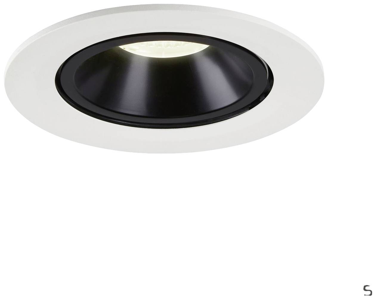 Round recessed light with black inner reflector and white outer rim, illuminating downwards.