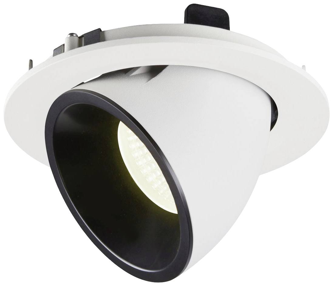 Recessed light fitting with a white frame and adjustable spotlight, illuminating the room.
