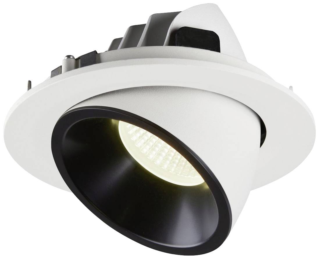 Recessed light fitting with a black, conical inner reflector and white border. Adjustable light module, ideal for precise illumination.