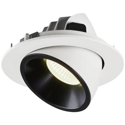 Recessed light fitting with a black, conical inner reflector and white border. Adjustable light module, ideal for precise illumination.