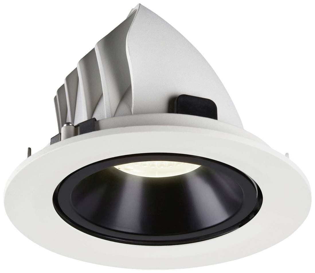 Recessed light fitting with a round black frame and silver heatsink, viewed from below. Suitable for modern room lighting.