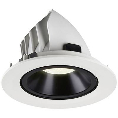 Recessed light fitting with a round black frame and silver heatsink, viewed from below. Suitable for modern room lighting.