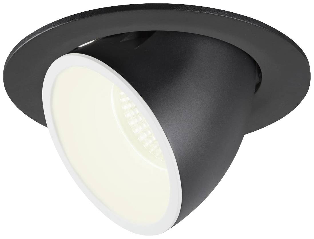 Black recessed spotlamp with a round frame and adjustable light source.
