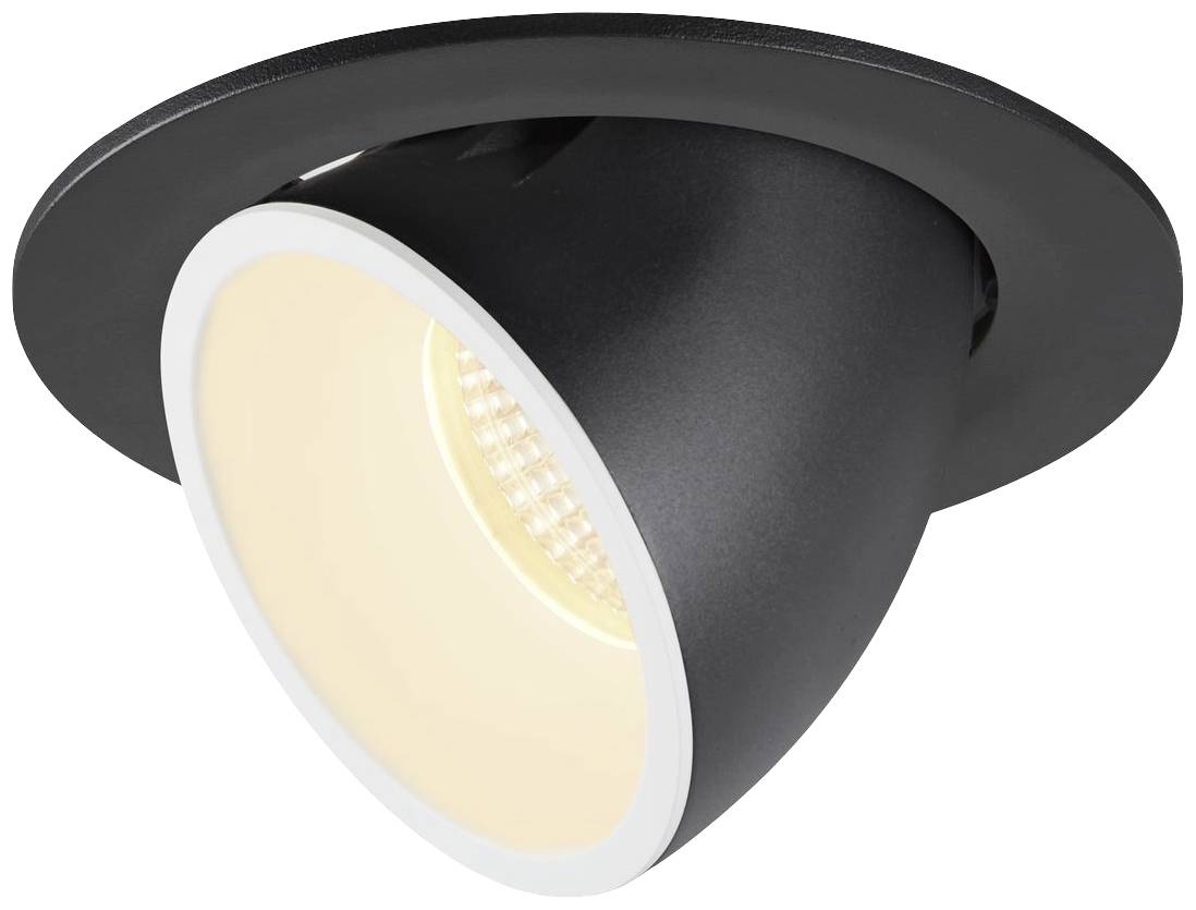 A black, round LED recessed light with a pivoting spot, emitting warm light. Ideal for contemporary interior lighting.