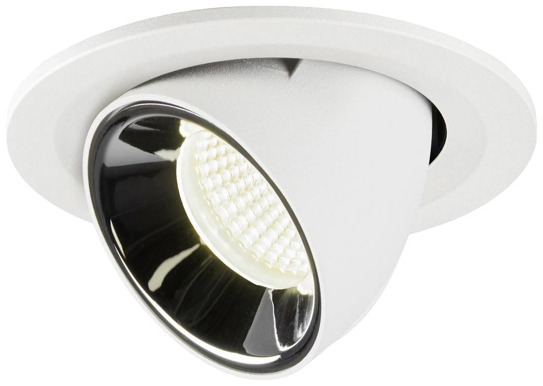 White, round recessed spotlight with a black inner section, showing an LED lamp angled slightly forward. Modern design for ceiling lighting.