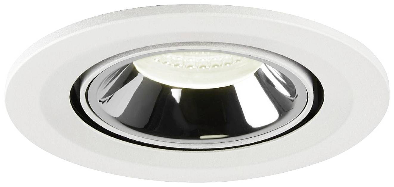 Round, white ceiling recessed light with metallic inner fitting, suitable for LED lamps. Minimalist design for subtle lighting.
