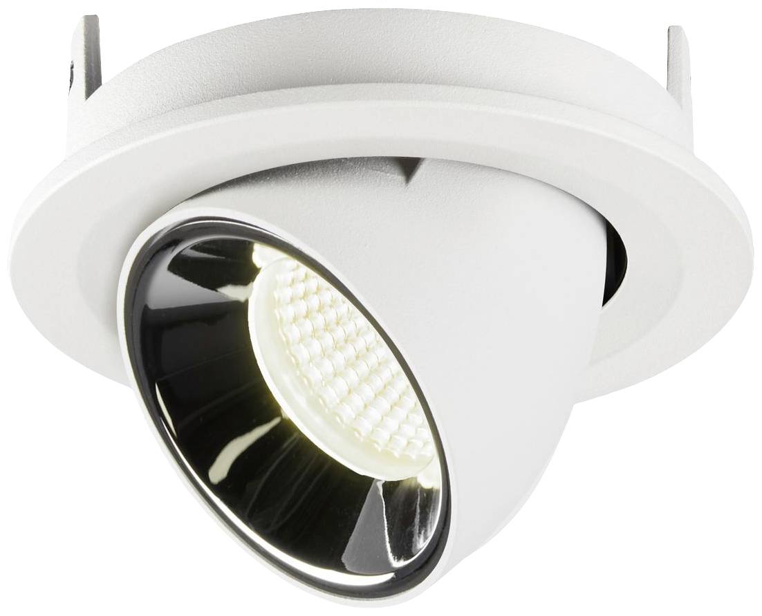 A white, round recessed spotlight with an LED lamp positioned at an angle, suitable for targeted lighting in contemporary interiors.