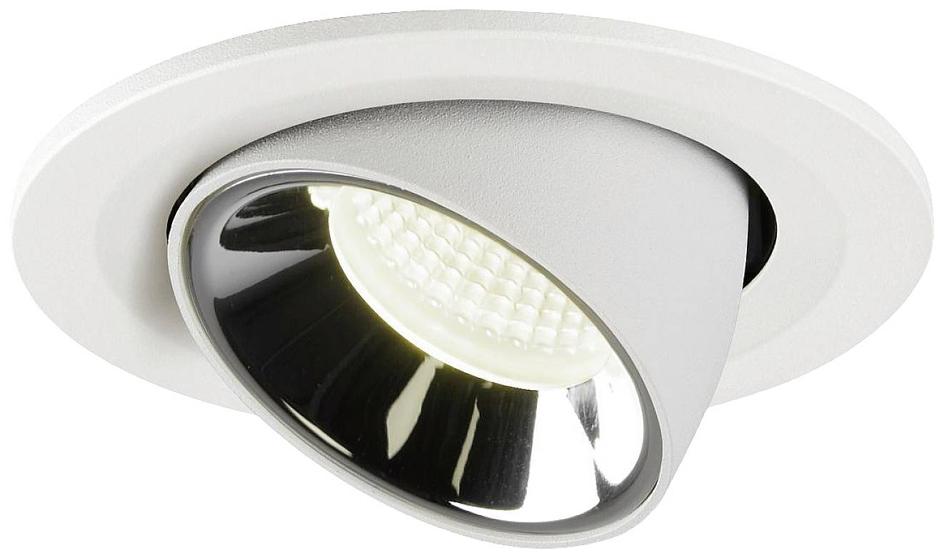 Round, white recessed light fitting with a pivoting black inner ring that holds a single LED lamp in a modern design.