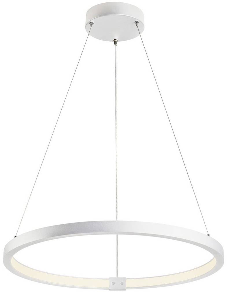 A contemporary, round pendant light with a silver frame, suspended from the ceiling. It emits even, warm light.