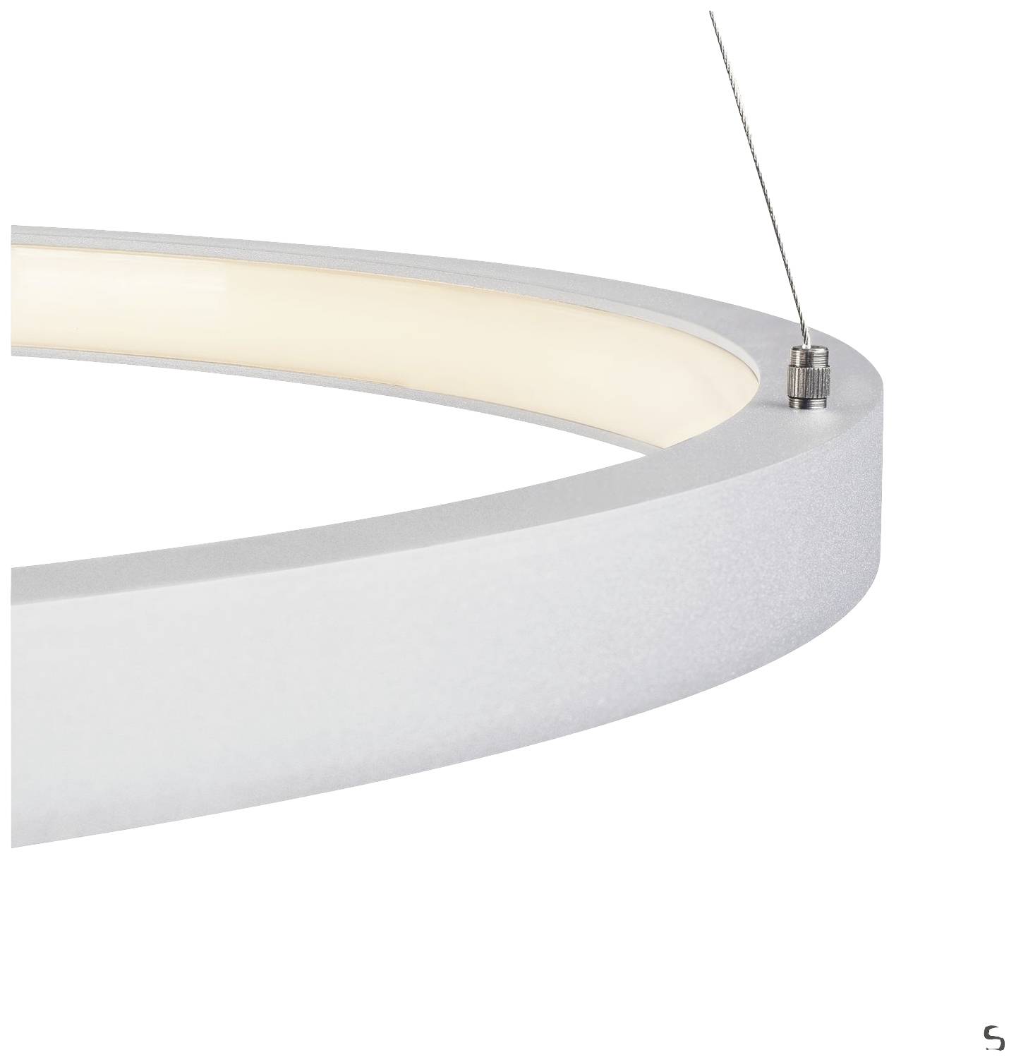 Close-up of a round, white hanging light system with a matte finish and integrated light source, suspended from a thin steel cable.