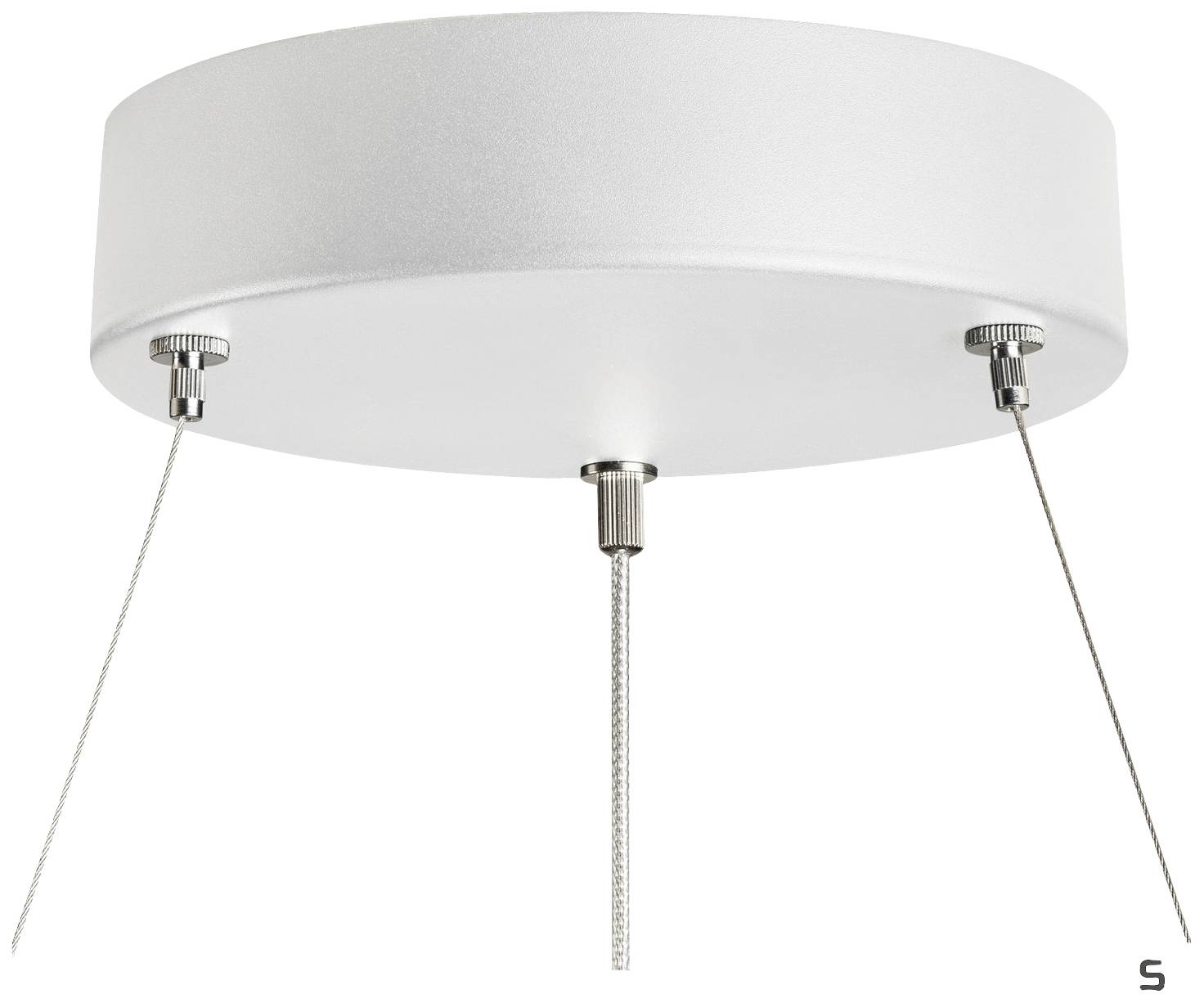 White ceiling mount with three adjustable cable fixings for a suspended light fitting.