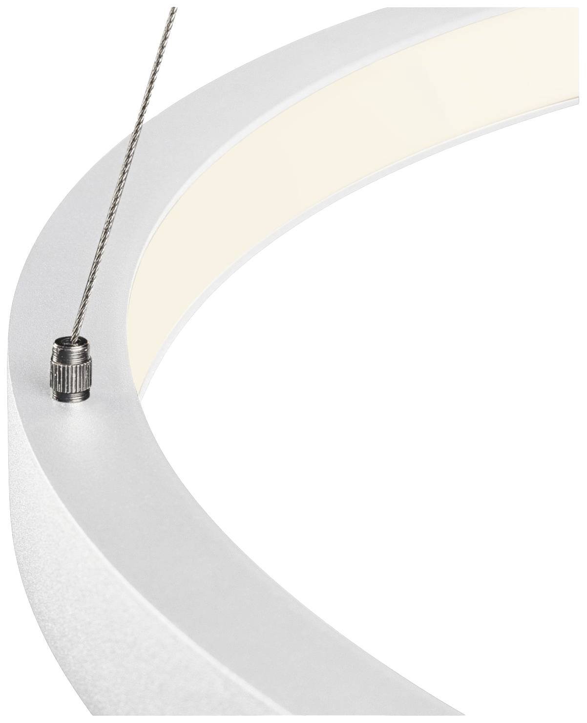 Rounded, white pendant light detail with visible cable and soft warm white light emission. Minimalist design.